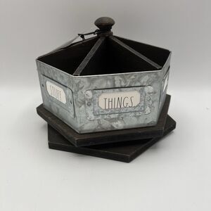 NEW Rae Dunn Pencil Cup Galvanized Dark Wood Pen/Pencil Holder Lazy Susan Bottom